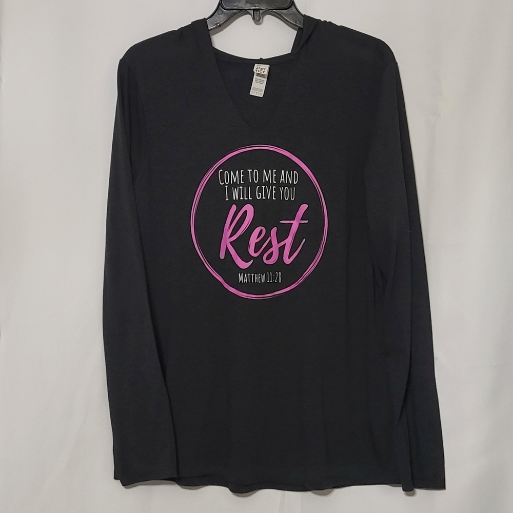 District Women's Dark Gray Religious Graphic Print Hoodie Tee Size Large - Picture 3 of 7
